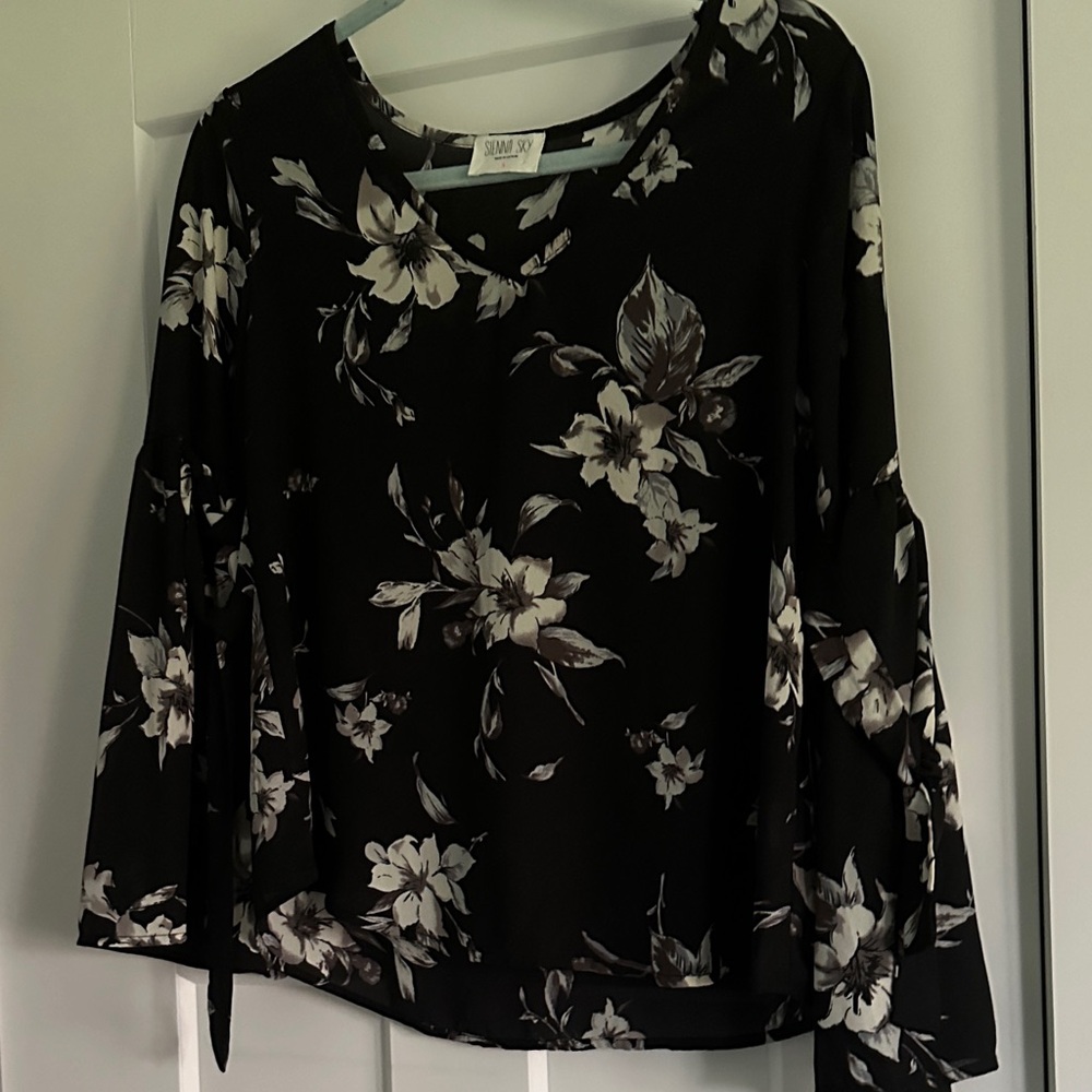 Sienna Sky Black Floral Bell-Sleeve Blouse with White Blossoms
